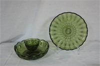 Retro Green Glass Chip and Dip Bowl plus Plate