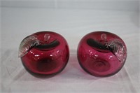 Two cranberry glass hand blown 2.5" apples