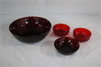 Ruby glass serving bowl and three nappies