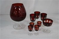 Ruby glass 9" vase with spout and 8 pieces
