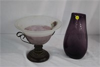 Amethyst 10" vase, pedestal frosted glass bowl 9"H