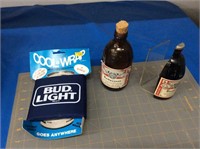 Budweiser cans, coozie, napkin holder, bottle