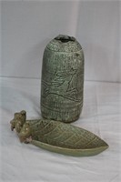 Pottery 9" vase and bird decorated tray 10"L