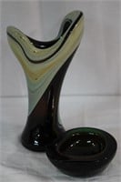 Unsigned Murano glass vase 9"H and 4.5" dish