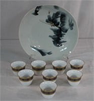 Eight Sake cups & plate 10"