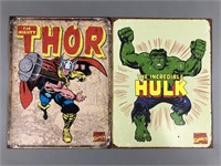 2pc Marvel Comics Tin Signs w/ Hulk & Thor