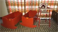 2 Wooden Cradles & Raggedy Ann Doll High Chair