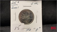 2001 25 cent coin. "No P", UNC