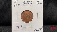 2002, 1 cent coin, BU, no "P"