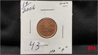 2006 1 cent  coin, UNC, no "P"