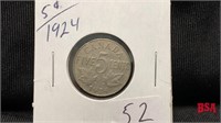 1924 5 cent Canadian coin