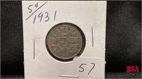 1931 5 cent Canadian coin