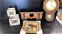 Elgin Battery Clock, Wood Shelf, Moose Picture,