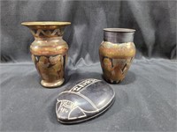 2 COPPER & BRASS? VASES & SOAPSTONE SCARAB