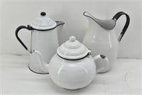 Vintage Enamel Ware Teapot, Coffeepot & Pitcher