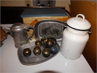 Enamel lidded milk can, pewter mug, tray, Harry &