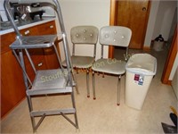 2 Chrome chairs, step stool & plastic trash can