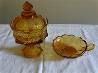 Amber coin glass lidded candy dish 8 1/2"t &