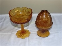 Amber glass pedestal dish & fairy dish