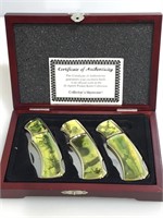 Set of 3 collectors pocket knife on box w/COA,