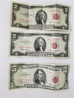 211- (2) Red Seal $2 Bill & (1) Red Seal $5 Bill