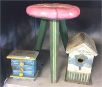 Painted Wood Stool, Birdhouse, Trinket Dresser