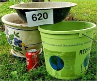 Galvanized bowl, flower pot and a recycle bucket