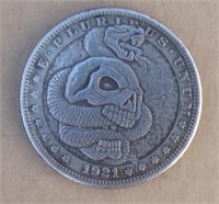 Hobo Style Art Coin 1 1/2" Skull & Snake