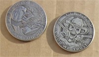 2 Hobo Style Art Coins 1 1/4" Half Dollars