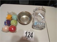 Dog Treat Jar, Water Bowl & (6) Balls