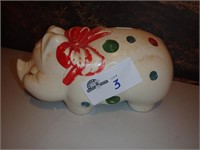 LARGE PIGGY BANK, WORN PAINT, RED BOW AND SPOTS