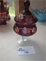 ITALIAN RED AND CLEAR ETCHED LIDDED COMPOTE