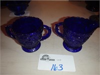 COBALT BLUE SUGAR AND CREAMER WITH LEAVES