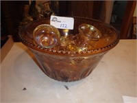 GOLD CARNIVAL GLASS PUNCH BOWL AND CUPS