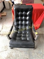 BLACK LEATHER STATIONARY CHAIR WITH WOOD ARMS
