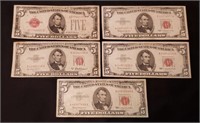 5- $5 Notes- Red Seal 1928, 1963, 1963