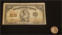 1923 Twenty Five Cent Canadian Bill