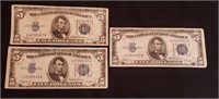 3- 1934 B $5 Silver Certificates
