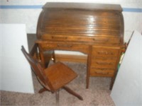 Child's Oak Roll Top Desk w/Chair, 36x22x39