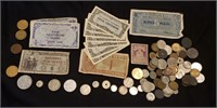 Large Lot of Foreign Paper Money & Coins