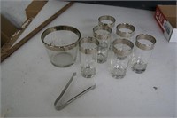 Silver Rimmed Glasses and Ice Bucket with Tongs