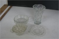 2 Glass Bowls, 1 glass vase, 1 glass Pansie Dish