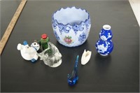 Blue Vases, Bird Figurines, Glass Whale