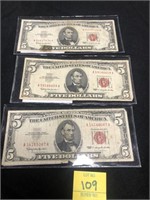 (3) 1963 $5 Lincoln Bills Red Seals