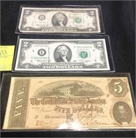 (2) $2 Bills 1976 & $5 Copy of Confederate States