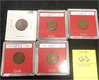5 Pc. Indian Head Cents 1893, 1898, 1887, 1901,