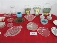 Glassware, metal buckets, Moonstone, candle sticks