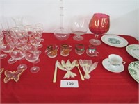 Wine glasses, cups/saucer, gold tone flatware
