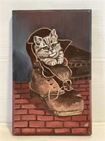Hazel Fadely Painting of Board "Cat in Boot"