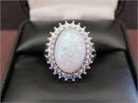 LADIES STAMPED 925 WHITE OPAL & SAPP RING SIZE 6